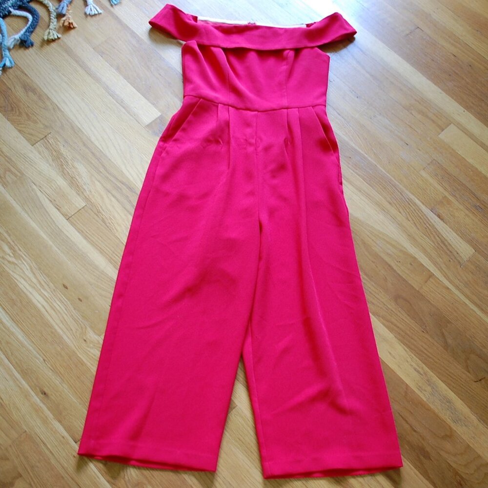 BCBGeneration Red Jumpsuit Cropped Off Shoulder Woven Cropped